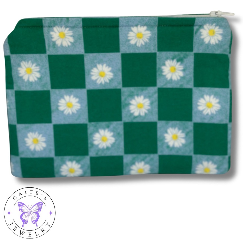 Handmade Zipper Pouch with a Blue and Green Checkered Daisy Fabric